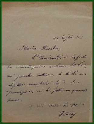 Biblioteca Universitaria di Pavia: Ticinesi 819 C 7, Lettera di Gustavo Vinay a Plinio Fraccaro in occasione della sua laurea ad honorem a Oxford