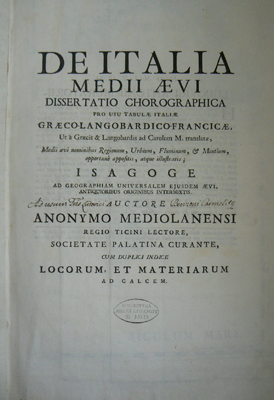 Giovanni Gaspare Beretti, De Italia medii aevi Dissertatio chorographica, Mediolani, Tip. Societatis Palatinae, 1727. Biblioteca Universitaria di Pavia: 3 M 34