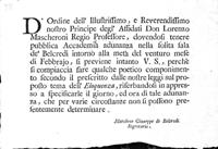 Invito del principe Lorenzo Mascheroni ad un'accademia con tema L'eloquenza. Biblioteca Universitaria di Pavia, Ticinesi 533.3/598