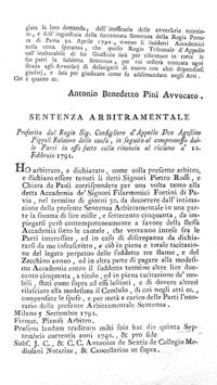 Motivazioni della sentenza dappello della causa Accademia Filarmonica vs. eredi Fortini. Biblioteca Universitaria di Pavia, Miscellanea Belcredi 4/18