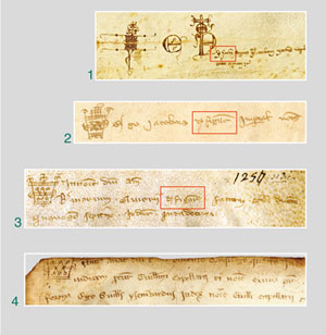 I DOCUMENTO: 1265 maggio 8, Pavia. Pavia, Archivio di Stato, Fondo Ospedale San Matteo (antica provenienza: monastero di San Pietro in Ciel d’Oro di Pavia), scaff. XXII, cart. XVII. Originale (particolare del segno notarile e della sottoscrizione autografa di Iacopo de Figaria: vedi 2). II DOCUMENTO: 1254. Pavia, Archivio di Stato, Fondo Archivio Notarile, busta 15823. Registro delle imbreviature di Oliverio de Figaria (particolare del segno notarile e dell'incipit di Oliverio: vedi 3 e 4). 
III DOCUMENTO: 1288 febbraio 20, Corleone. Palermo, Archivio di Stato, Diplomatico, monastero di S. Maria del Bosco di Calatamauro, perg. n. 8. Originale (particolare del segno notarile e dell'incipit di Thomas de Ficaria: vedi 1)